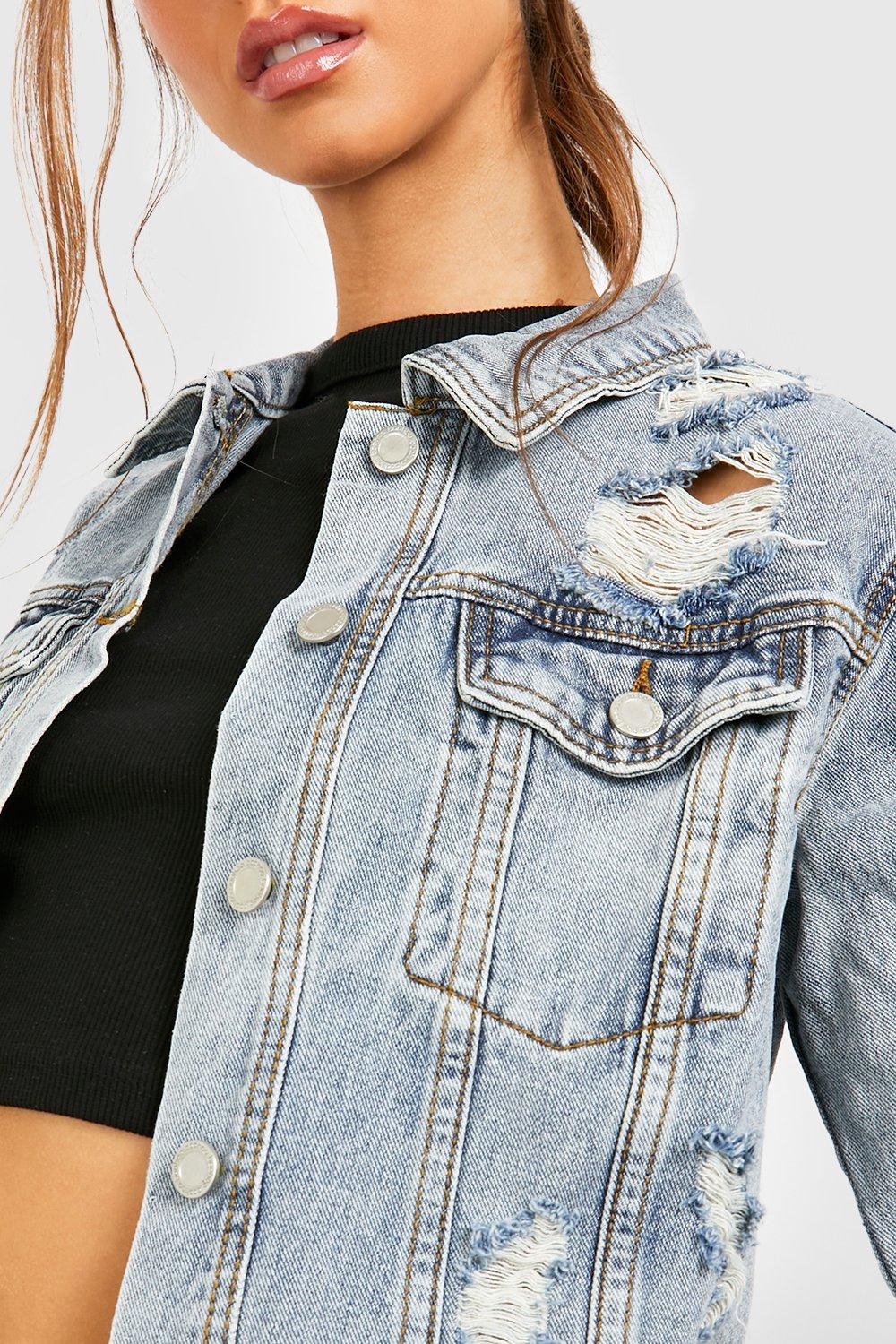 Women s Ripped Western Denim Jacket Boohoo UK